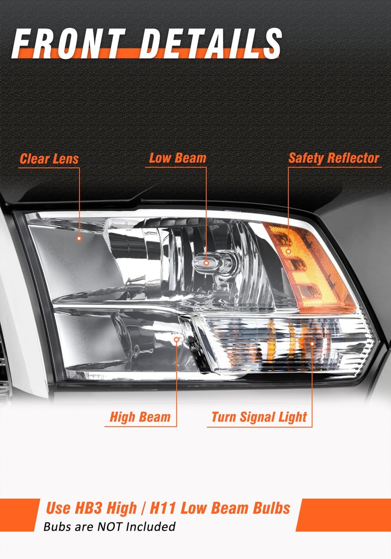 AXLAHA 2009-2018 Dodge Ram Headlights Assembly for 2009-2018 Dodge Ram 1500, 2010-2018 Dodge Ram 2500/3500 Chrome Housing Amber Reflector Driver and Passenger Side - Image 5