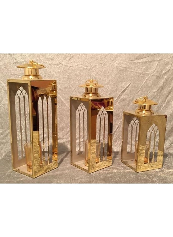 NAMA Luxury golden metal lantern set, 3 pieces, classic Gothic style design, sizes 35×10, 30×10, and 20×10 cm, home decor candle holder - Image 4