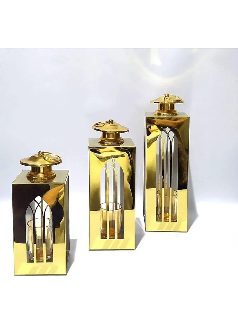 NAMA Luxury golden metal lantern set, 3 pieces, classic Gothic style design, sizes 35×10, 30×10, and 20×10 cm, home decor candle holder - Image 5