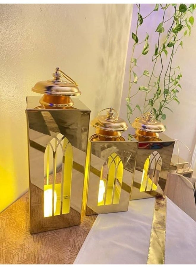 NAMA Luxury golden metal lantern set, 3 pieces, classic Gothic style design, sizes 35×10, 30×10, and 20×10 cm, home decor candle holder - Image 1