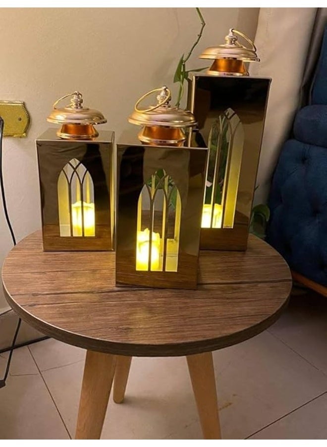 NAMA Luxury golden metal lantern set, 3 pieces, classic Gothic style design, sizes 35×10, 30×10, and 20×10 cm, home decor candle holder - Image 2