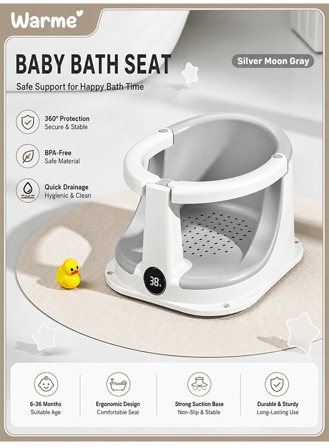 Warme Baby Bath Seat for Babies 6M+ Non-Slip Infant Bathtub Chair with Soft Cushion & 4 Suction Cups, Sit-Up Toddler Bath Seat with Temperature-Sensing Colors, Baby Bather & Shower Chair Support, Grey - Image 1
