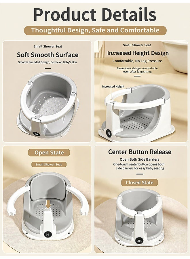 Warme Baby Bath Seat for Babies 6M+ Non-Slip Infant Bathtub Chair with Soft Cushion & 4 Suction Cups, Sit-Up Toddler Bath Seat with Temperature-Sensing Colors, Baby Bather & Shower Chair Support, Grey - Image 3