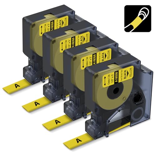 Aonomi Industrial Labels Replace for DYMO 18056 A18056 12mm Heat Shrink Tube Label Compatible with DYMO Rhino 4200, 5200, 5000, 6000, 6000+ Industrial Label Maker, Black on Yellow, 1/2" x 4.9',4-Pack - Image 1