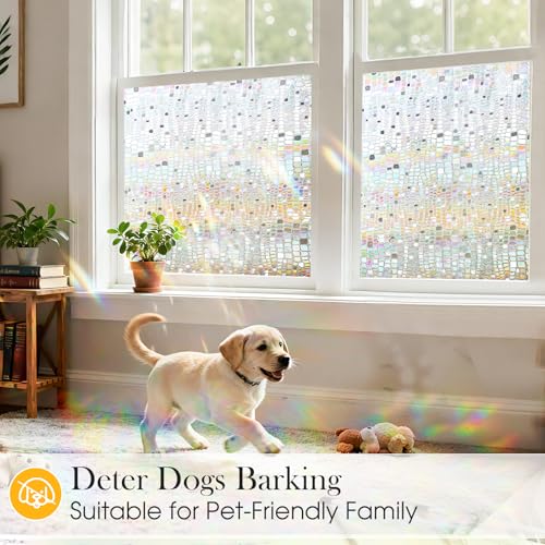 Windimiley Window Privacy Film 3D Rainbow Stained Glass Static Clings Coverings, Bathroom Decorative Sticker Prism Holographic Sun Blocking Decals for Front Door Home Removable, 17.5x78.7In, Pure - Image 4