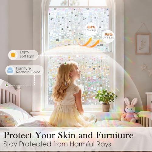 Windimiley Window Privacy Film 3D Rainbow Stained Glass Static Clings Coverings, Bathroom Decorative Sticker Prism Holographic Sun Blocking Decals for Front Door Home Removable, 17.5x78.7In, Pure - Image 5