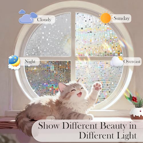 Windimiley Window Privacy Film 3D Rainbow Stained Glass Static Clings Coverings, Bathroom Decorative Sticker Prism Holographic Sun Blocking Decals for Front Door Home Removable, 17.5x78.7In, Pure - Image 3