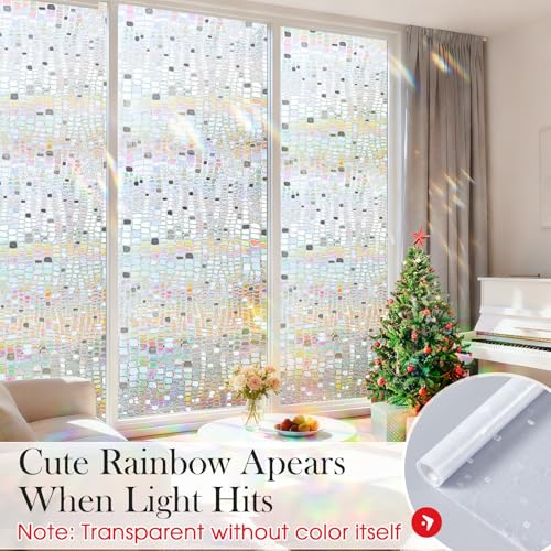 Windimiley Window Privacy Film 3D Rainbow Stained Glass Static Clings Coverings, Bathroom Decorative Sticker Prism Holographic Sun Blocking Decals for Front Door Home Removable, 17.5x78.7In, Pure - Image 2