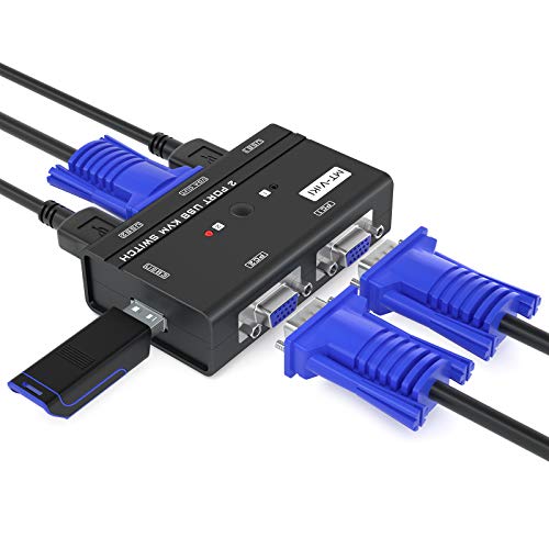 MT-VIKI VGA KVM Switch, 2 Port USB VGA KVM Switch for 2 Computers Share 1 Monitor Keyboard Mouse Printer, + 2 KVM Cables - Image 1