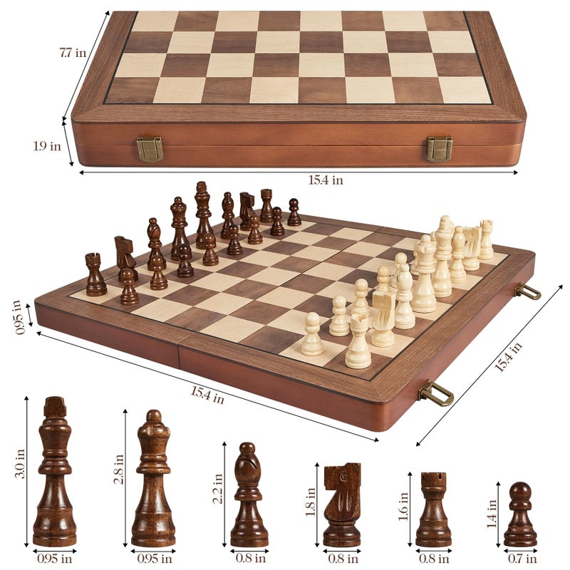 ELONGDI 15" Wooden Chess Set with Magnetic Pieces - Extra Queens - Folding Chessboard Portable Travel Tournament Chess Board Games for Adults Kids - Image 3