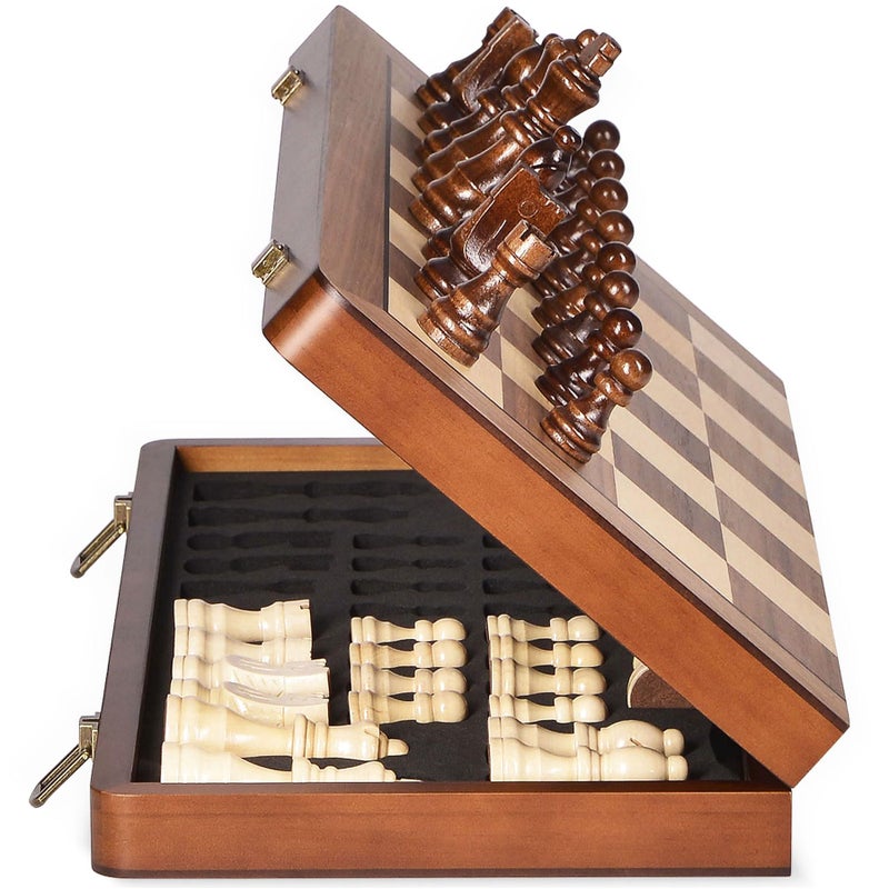 ELONGDI 15" Wooden Chess Set with Magnetic Pieces - Extra Queens - Folding Chessboard Portable Travel Tournament Chess Board Games for Adults Kids - Image 1