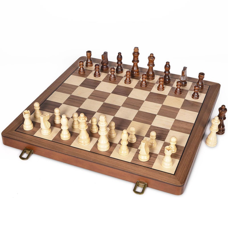 ELONGDI 15" Wooden Chess Set with Magnetic Pieces - Extra Queens - Folding Chessboard Portable Travel Tournament Chess Board Games for Adults Kids - Image 4