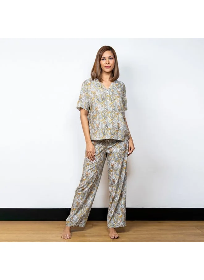 Aadaraya Aadaraya Printed Short Sleeve Shirt and Elasticated Pyjama Set