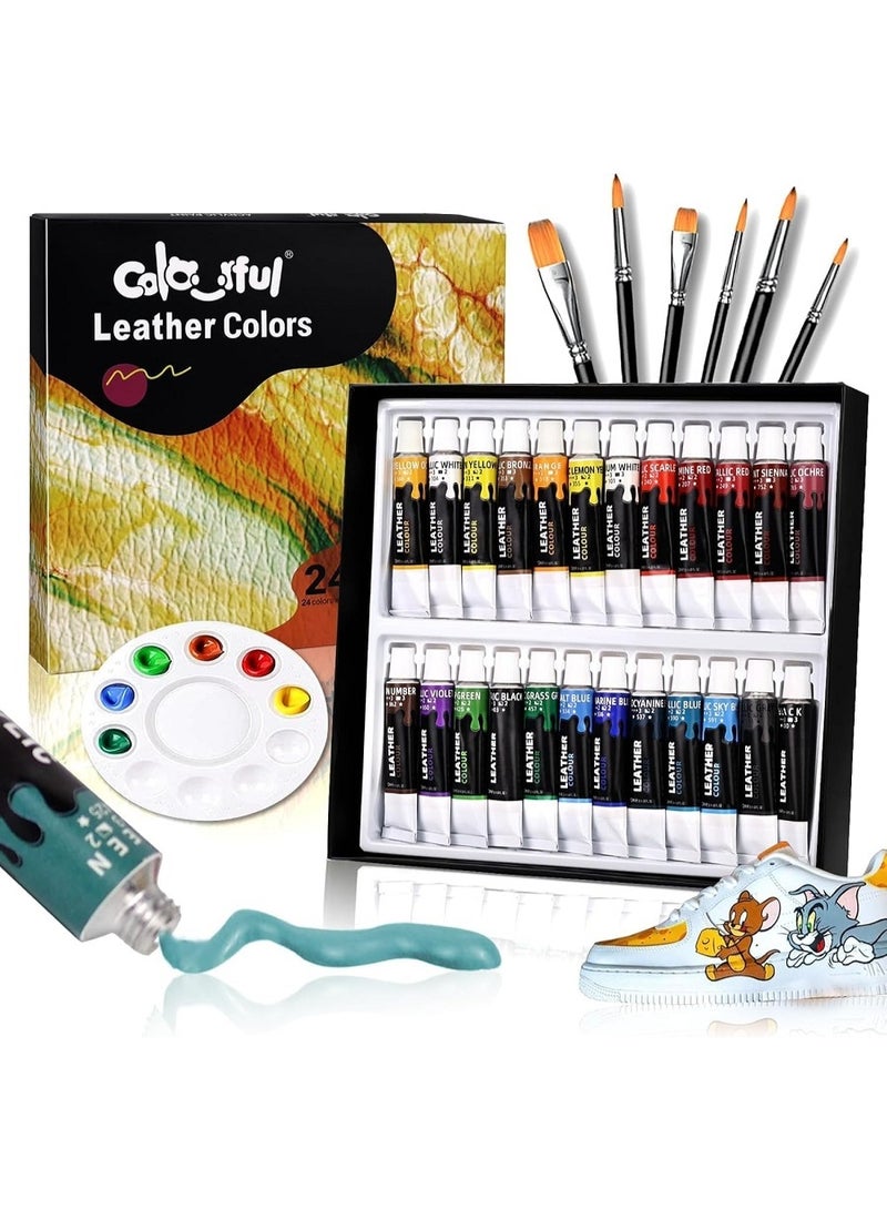 Colorful Acrylic Leather Paint Set for Shoe Painting- 24 Colors(include 12 metallic colors) Leather Paint for Bag & Wallet Decor, Leather Jacket Care, Crafts DIY & Customizing Leather Projects - Image 1