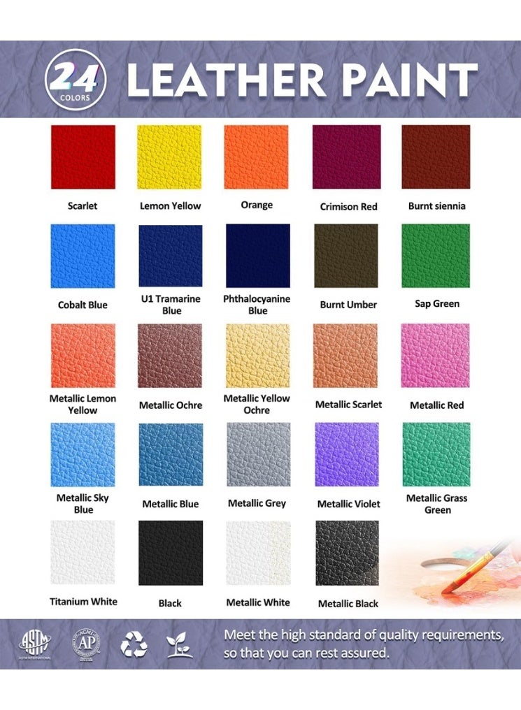 Colorful Acrylic Leather Paint Set for Shoe Painting- 24 Colors(include 12 metallic colors) Leather Paint for Bag & Wallet Decor, Leather Jacket Care, Crafts DIY & Customizing Leather Projects - Image 2