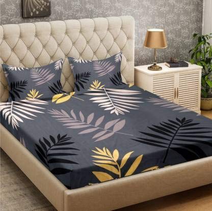 TIB The Intellect Bazaar Cotton Feel Polycotton King Size Bed Sheet with 2 Pillow Covers,90X100 Inches (Leaf, Grey) - Image 5