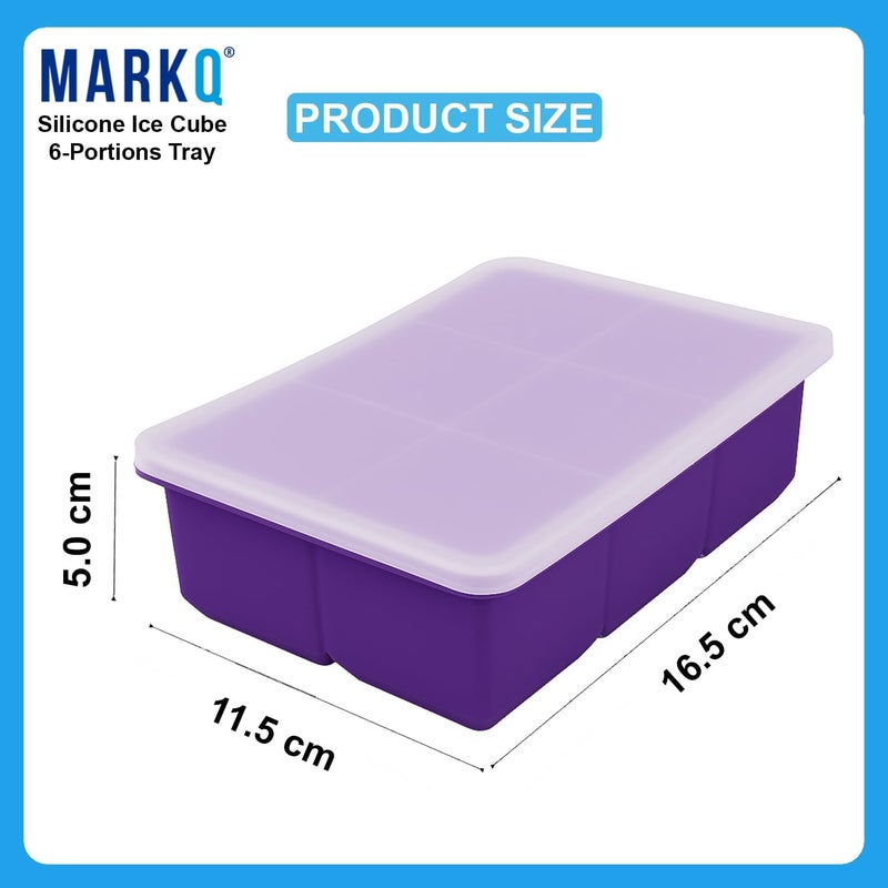 MARKQ Silicone Ice Cube Tray 6 Portions – Flexible Easy Release Ice Mold for Cocktails & Drinks | Reusable Food-Grade Ice Maker Tray for Freezer, Water, Juice & Whiskey, Purple - Image 2