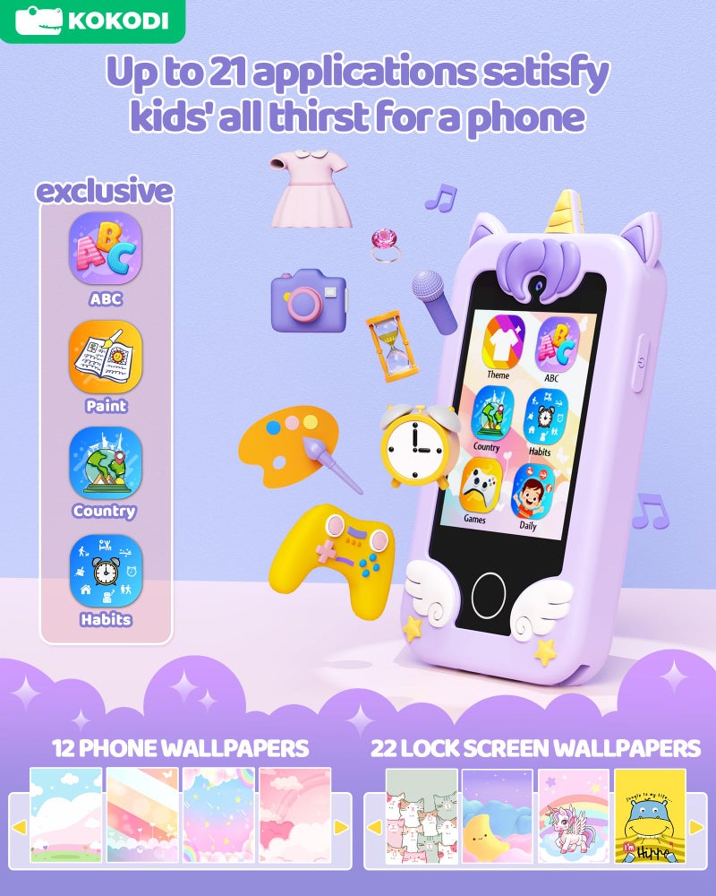 Kokodi Kids Smart Phone Toys Gifts Birthday Homes Unicorn Toddler Play Play For Girls 3-10 HD HD Phone For Kids Travel Preshool Learn - Image 3