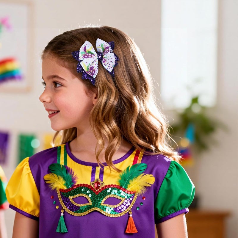 KCHIES Mardi Gras Holiday Hair Bows for Girls, 3.5in Glitter Purple Sequins Ribbon Costume Bow Alligator Clips for Toddlers Teens Women Fat Tuesday Carnival Parade Accessories Gift Set 2 - Image 3