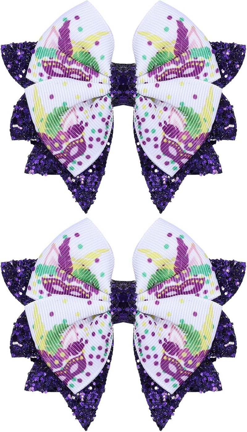 KCHIES Mardi Gras Holiday Hair Bows for Girls, 3.5in Glitter Purple Sequins Ribbon Costume Bow Alligator Clips for Toddlers Teens Women Fat Tuesday Carnival Parade Accessories Gift Set 2 - Image 1