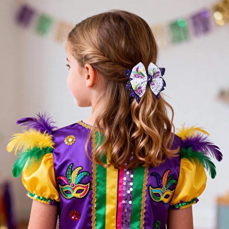 KCHIES Mardi Gras Holiday Hair Bows for Girls, 3.5in Glitter Purple Sequins Ribbon Costume Bow Alligator Clips for Toddlers Teens Women Fat Tuesday Carnival Parade Accessories Gift Set 2 - Image 5