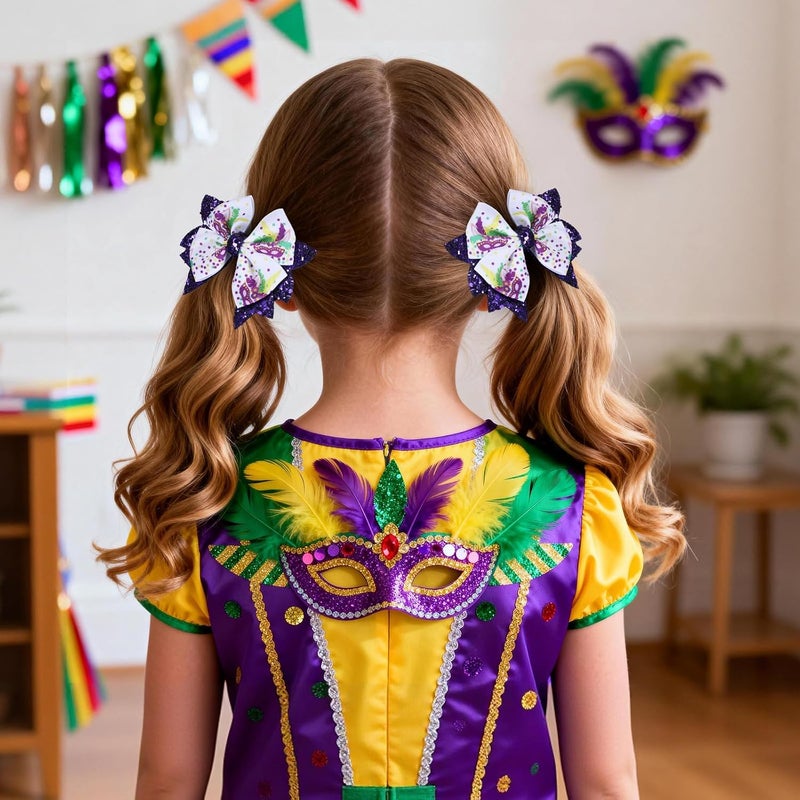 KCHIES Mardi Gras Holiday Hair Bows for Girls, 3.5in Glitter Purple Sequins Ribbon Costume Bow Alligator Clips for Toddlers Teens Women Fat Tuesday Carnival Parade Accessories Gift Set 2 - Image 4