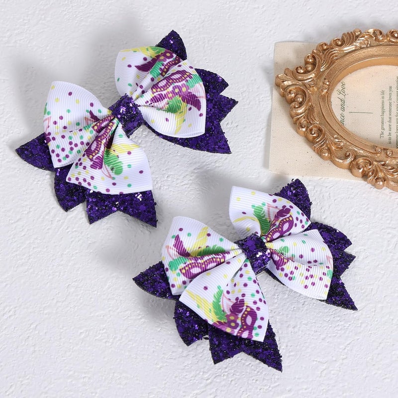 KCHIES Mardi Gras Holiday Hair Bows for Girls, 3.5in Glitter Purple Sequins Ribbon Costume Bow Alligator Clips for Toddlers Teens Women Fat Tuesday Carnival Parade Accessories Gift Set 2 - Image 2