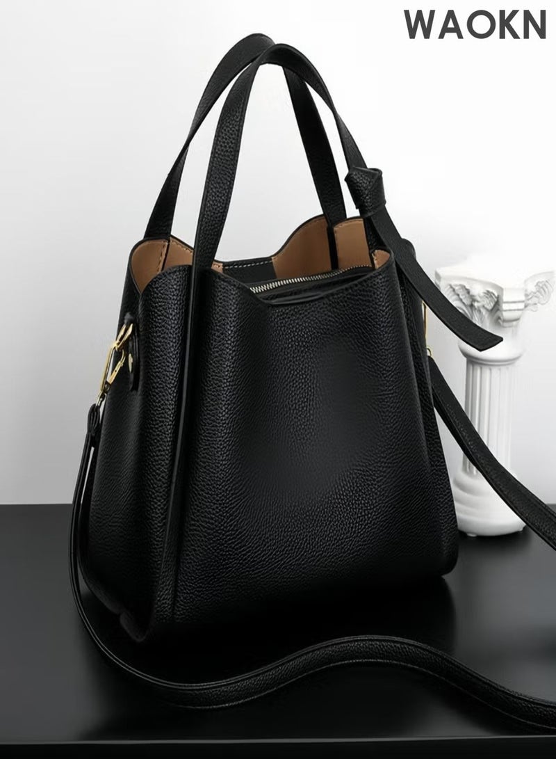 WAOKN Ladies' shoulder bag, handbag, leather handbag, ladies' bag, large capacity ladies' handbag, stylish and simple travel handbag, versatile commuting shoulder crossbody bag. (Black) - Image 3