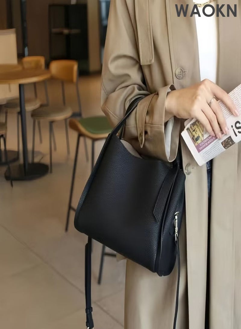 WAOKN Ladies' shoulder bag, handbag, leather handbag, ladies' bag, large capacity ladies' handbag, stylish and simple travel handbag, versatile commuting shoulder crossbody bag. (Black) - Image 4