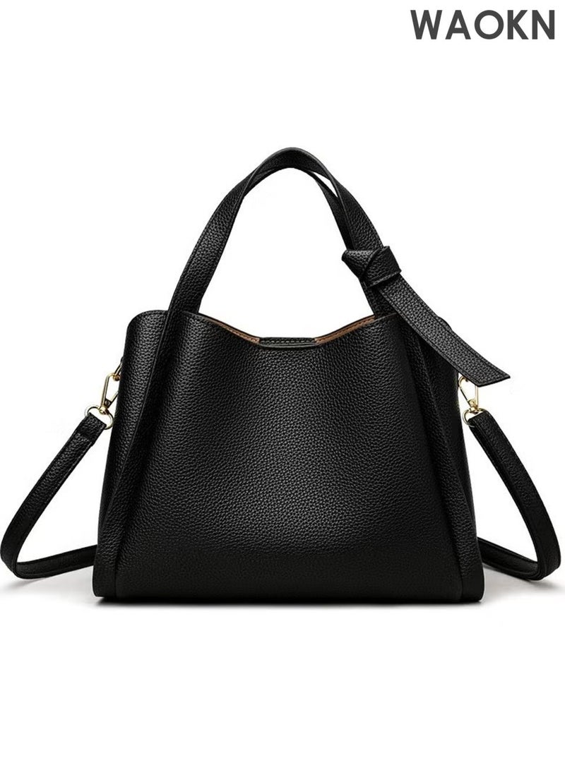 WAOKN Ladies' shoulder bag, handbag, leather handbag, ladies' bag, large capacity ladies' handbag, stylish and simple travel handbag, versatile commuting shoulder crossbody bag. (Black) - Image 1