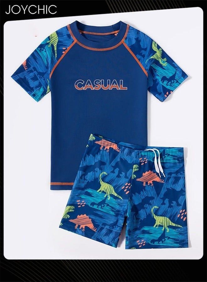Joychic بدلة سباحة صيفية غير رسمية للأطفال الأولاد بنمط الديناصور مكونة من قطعتين، حماية من الشمس، سريعة الجفاف وقابلة للتنفس، مجموعة بأكمام قصيرة مع الجزء العلوي والسفلي منفصلين - Image 2