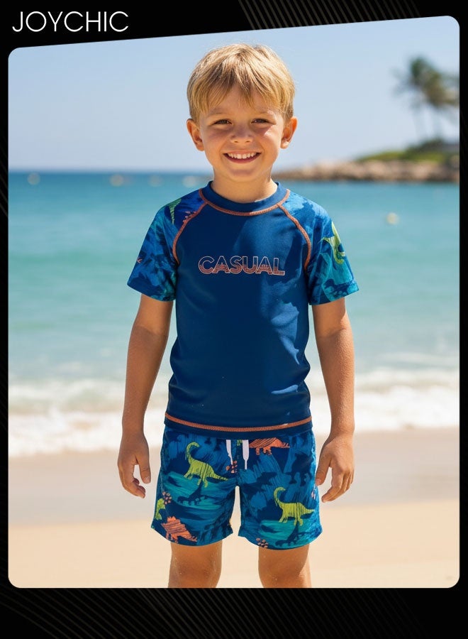 Joychic بدلة سباحة صيفية غير رسمية للأطفال الأولاد بنمط الديناصور مكونة من قطعتين، حماية من الشمس، سريعة الجفاف وقابلة للتنفس، مجموعة بأكمام قصيرة مع الجزء العلوي والسفلي منفصلين - Image 4