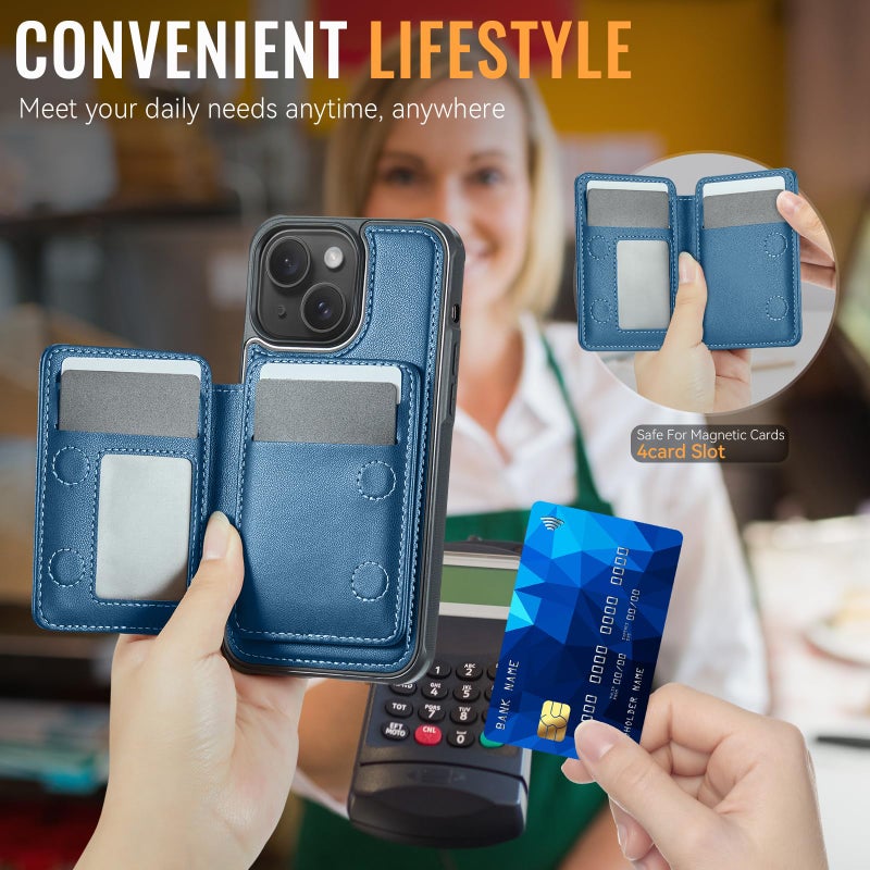 Usroom Compatible with Magsafe for iPhone 13 Wallet Case Magnetic Card Holder, RFID Blocking 2 in 1 Detachable Kickstand Shockproof Case for Women Men, Blue - Image 4