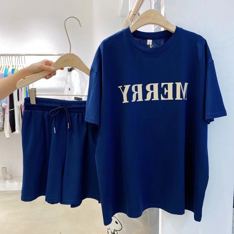 Cross-border suit Womens Short-sleeved T-shirt Loose Sports Wide-leg Shorts Salt Sweet Two-piece Summer Dress Dark blue  - Image 1