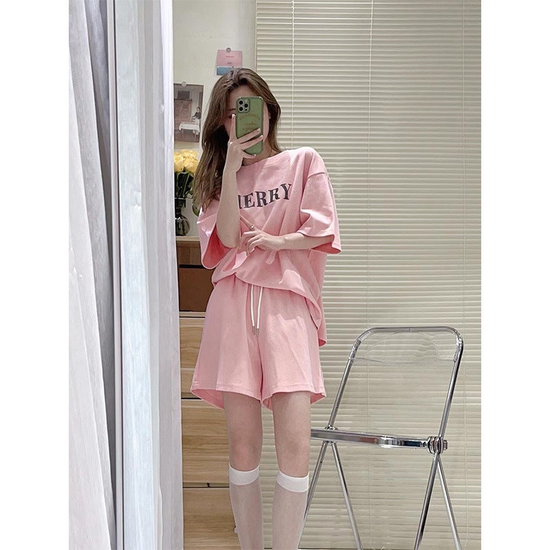 Cross-border suit Womens Short-sleeved T-shirt Loose Sports Wide-leg Shorts Salt Sweet Two-piece Summer Dress Dark blue  - Image 2