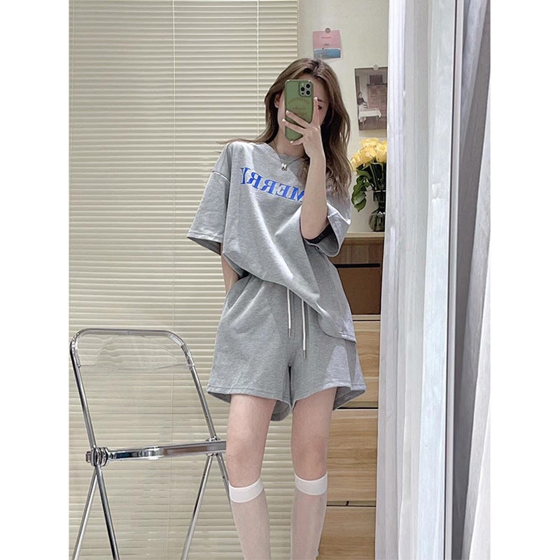 Cross-border suit Womens Short-sleeved T-shirt Loose Sports Wide-leg Shorts Salt Sweet Two-piece Summer Dress Dark blue  - Image 4