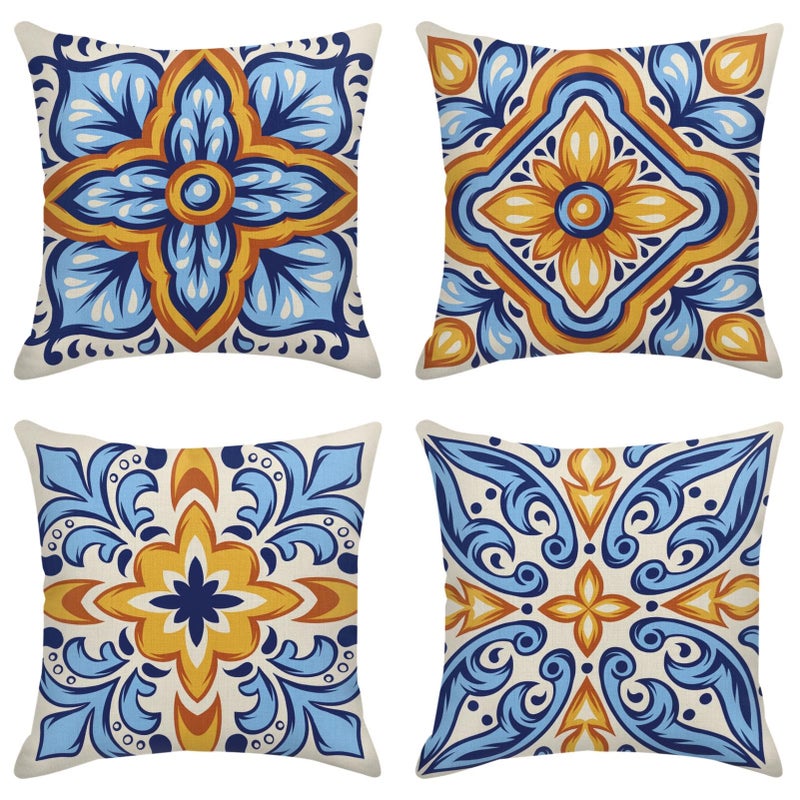 Sanwarm Throw Pillow Covers Home Decor Set of 4 Italian Mexican Ceramic Talavera Pillow Cases Decorative 18 x 18 Inches Outdoor Cushion Couch Sofa Pillowcases