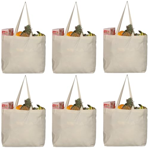 Greenmile 6 Pack Canvas Reusable Grocery Bags - Cotton Canvas Grocery Bag Cloth Shopping Tote With Long Handles Bulk - Heavy Duty Grocery Tote Bag - Large, Foldable and Lightweight - Capacity 40 lbs - Image 1