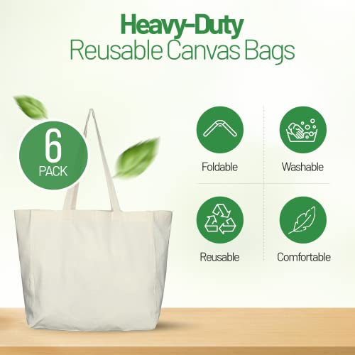 Greenmile 6 Pack Canvas Reusable Grocery Bags - Cotton Canvas Grocery Bag Cloth Shopping Tote With Long Handles Bulk - Heavy Duty Grocery Tote Bag - Large, Foldable and Lightweight - Capacity 40 lbs - Image 2