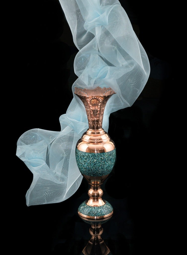 Aghajani Handcrafted Antique Copper and Turquoise Hyacinth Vase, 33cm Vintage-Inspired Home Decor - Image 1