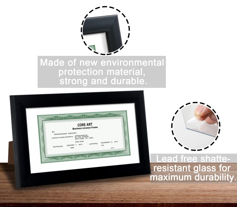 CORE ART 5x10 Business License Frame in Black, Professional Bank Check Frame 3.5x8 with Mat, High Definition Plexiglass, Wall or Tabletop Display(Set of 2) - Image 3