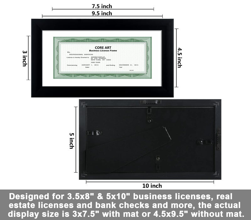 CORE ART 5x10 Business License Frame in Black, Professional Bank Check Frame 3.5x8 with Mat, High Definition Plexiglass, Wall or Tabletop Display(Set of 2) - Image 5