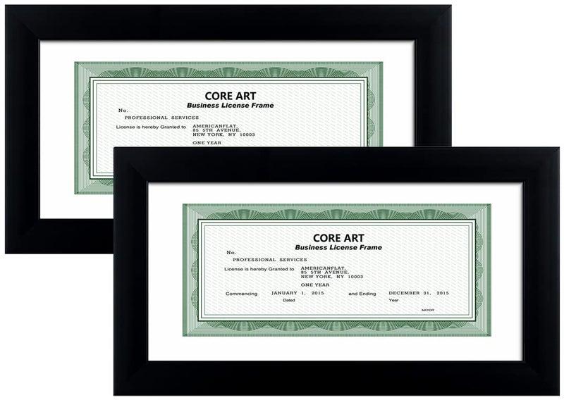 CORE ART 5x10 Business License Frame in Black, Professional Bank Check Frame 3.5x8 with Mat, High Definition Plexiglass, Wall or Tabletop Display(Set of 2) - Image 1