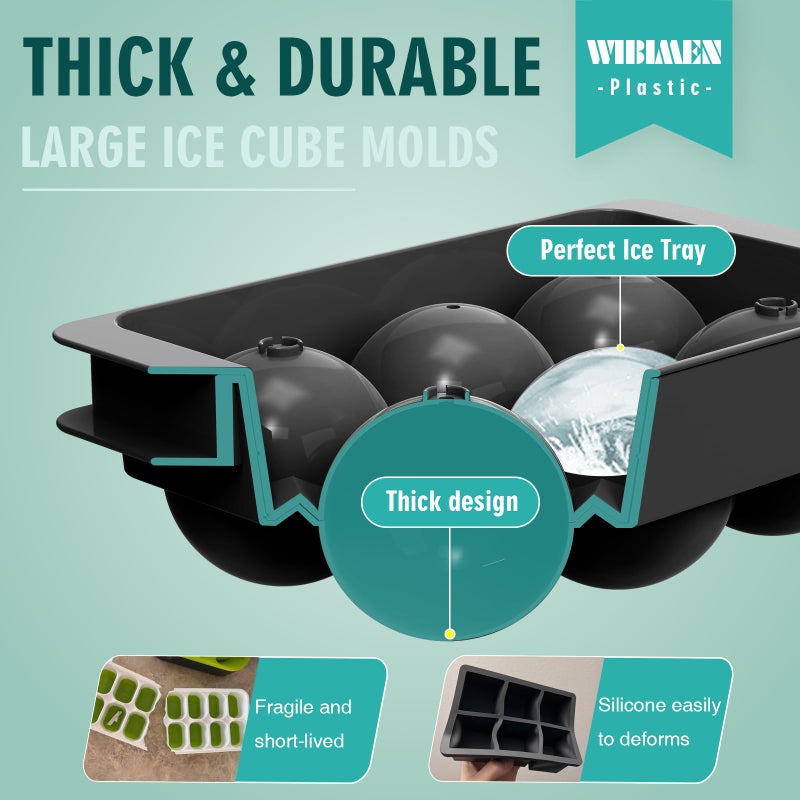 WIBIMEN Large Ice Cube Molds, Big Round Whiskey Ice Cube Trays for Freezer, Easy to Fill & Release, Whiskey Bourbon Cocktail(1.9In*6 Balls- Black/2 Pack) - Image 5