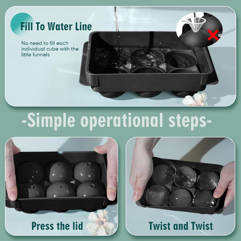 WIBIMEN Large Ice Cube Molds, Big Round Whiskey Ice Cube Trays for Freezer, Easy to Fill & Release, Whiskey Bourbon Cocktail(1.9In*6 Balls- Black/2 Pack) - Image 3