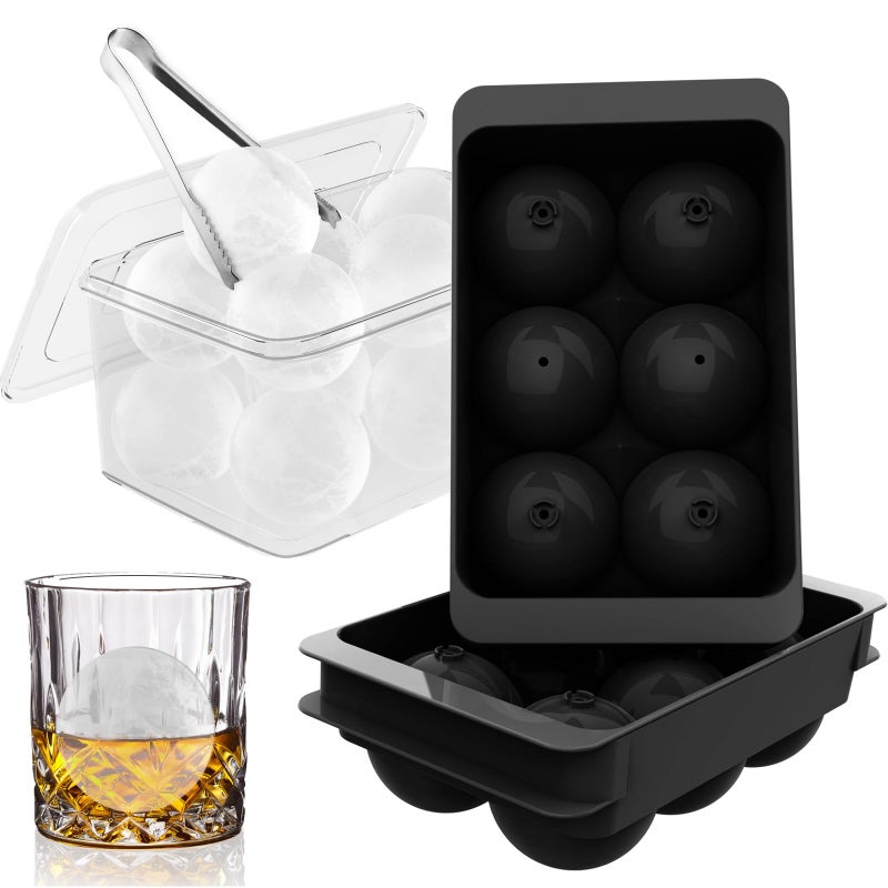 WIBIMEN Large Ice Cube Molds, Big Round Whiskey Ice Cube Trays for Freezer, Easy to Fill & Release, Whiskey Bourbon Cocktail(1.9In*6 Balls- Black/2 Pack) - Image 1