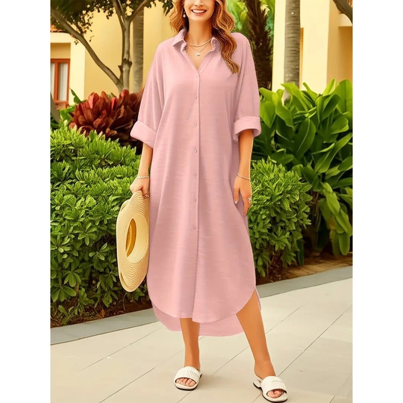 Women's Ice Silk Crepe Shirt, Solid Color, Turn-down Collar, Long Sleeve, Loose Fit, Mid Length - Image 4