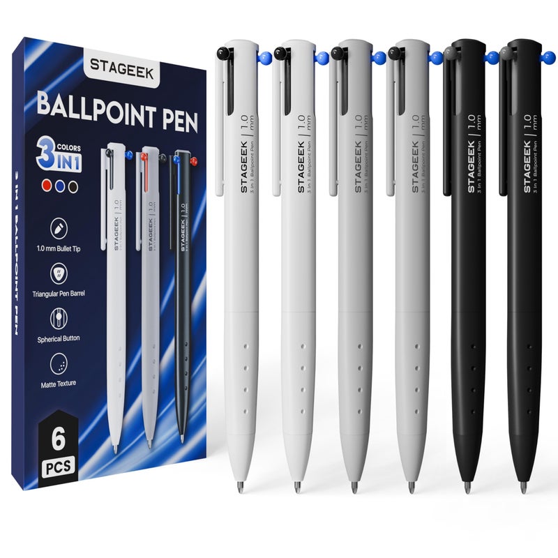 STAGEEK 6 PCS Multicolor Pens, 3-in-1 Colored Multi Colored Pen, 1.0mm Quick Dry Ballpoint Pens, Smooth Writing Colorful Retractable Pens for Office, School Supplies, Nursing Notes & Taking, Writing - Image 1