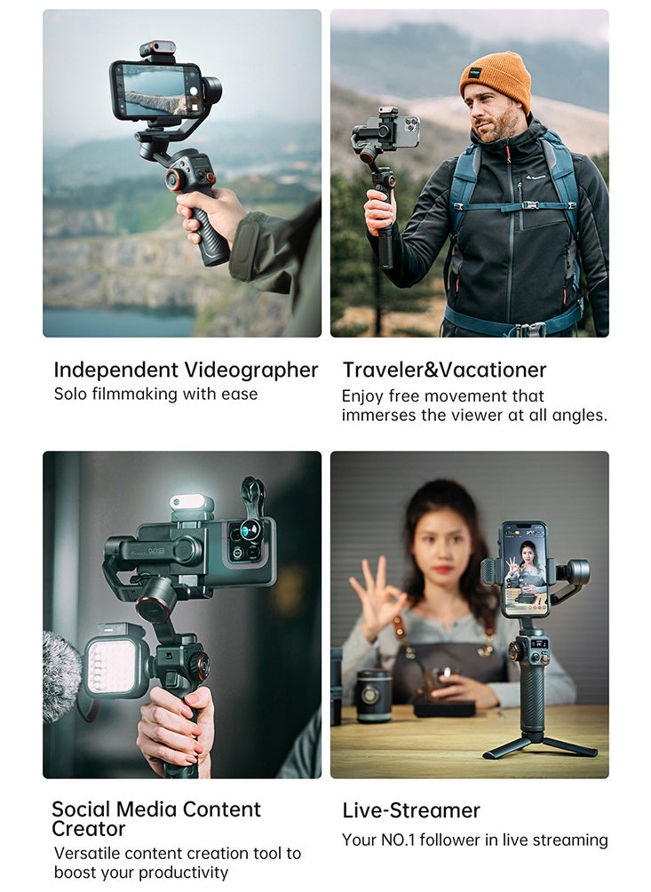 hohem - iSteady M6 Kit 3-Axis Smartphone Gimbal Stabilizer Anti-shake Phone Vlog Gimbal 360° Rotatable OLED Large Screen with AI Vision Sensor & Fill Light Module Mini Tripod Storage Case 400g Payload R - Image 1