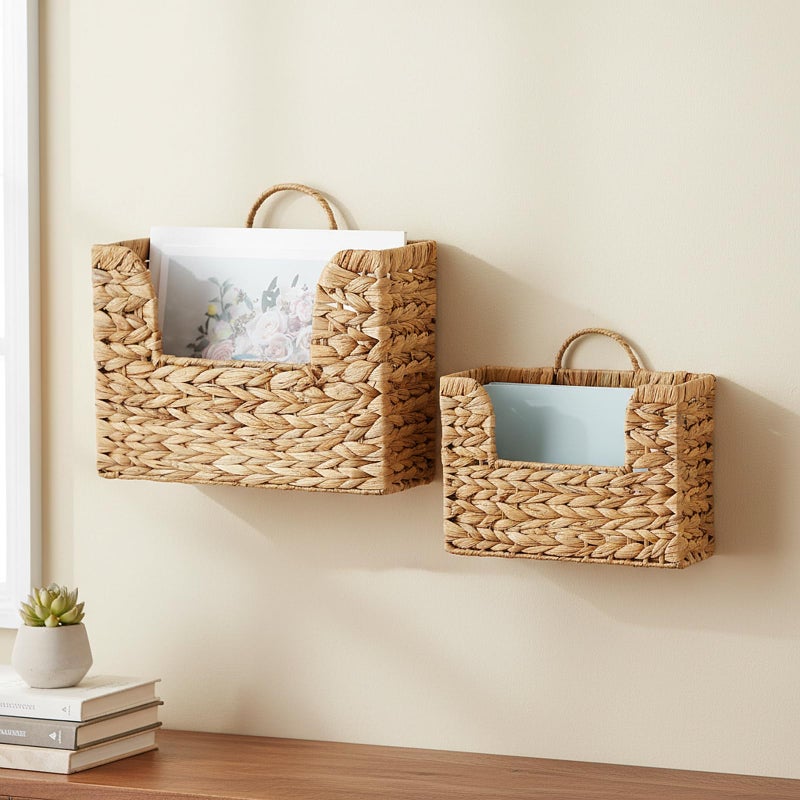 Dunzoom 2 Pcs 14" and 12" Woven Hanging Basket for Wall, Large Hanging Wall Basket, Water Hyacinth Storage Baskets with Handles File Organizer Magazine Holder for Home, Office, Farmhouse - Image 2